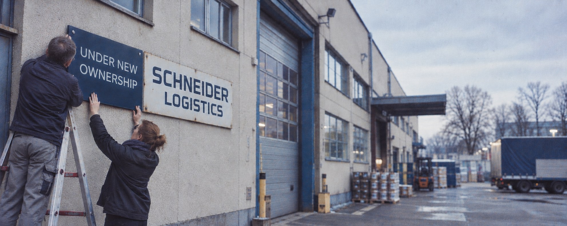 Two people installing an Under New Ownership sign on a logistics building