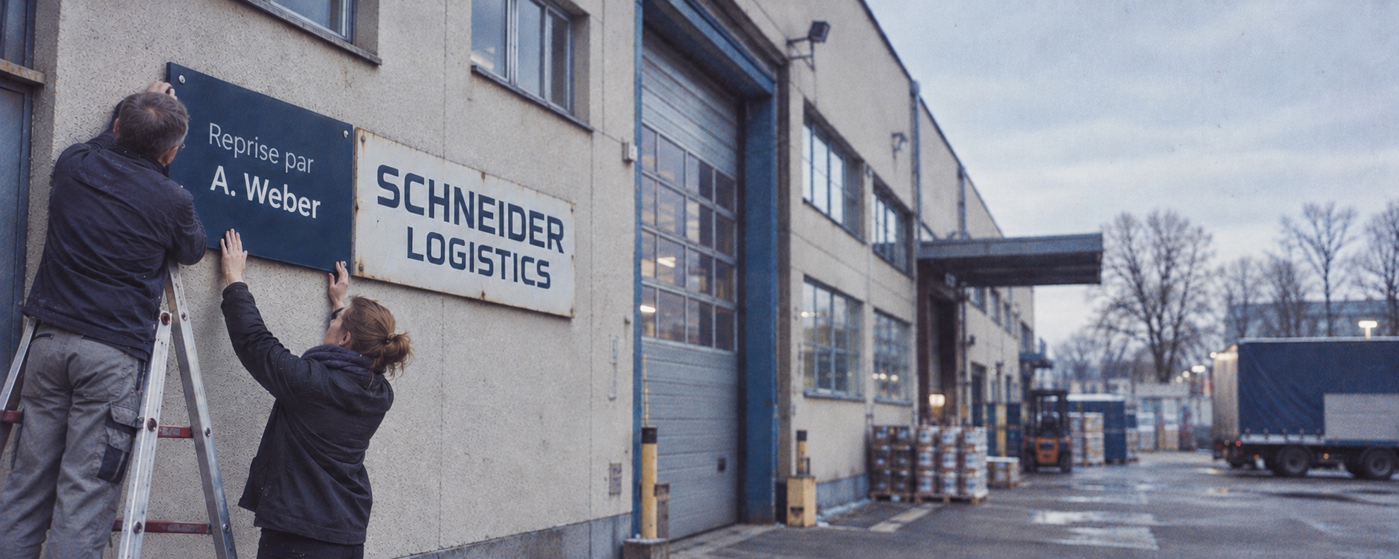Deux personnes installent la nouvelle plaque d’une entreprise de logistique
