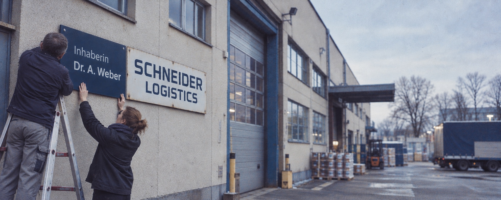 Zwei Personen montieren ein neues Inhaberin-Schild an einem Logistikgebäude